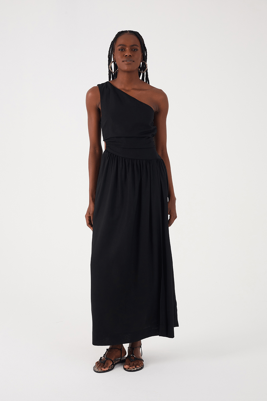 Black One-Shoulder Draped Linen Maxi Dress