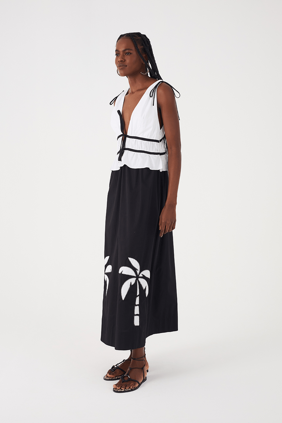 Black And White Embroidered Coqueiros Ties Cotton Maxi Dress