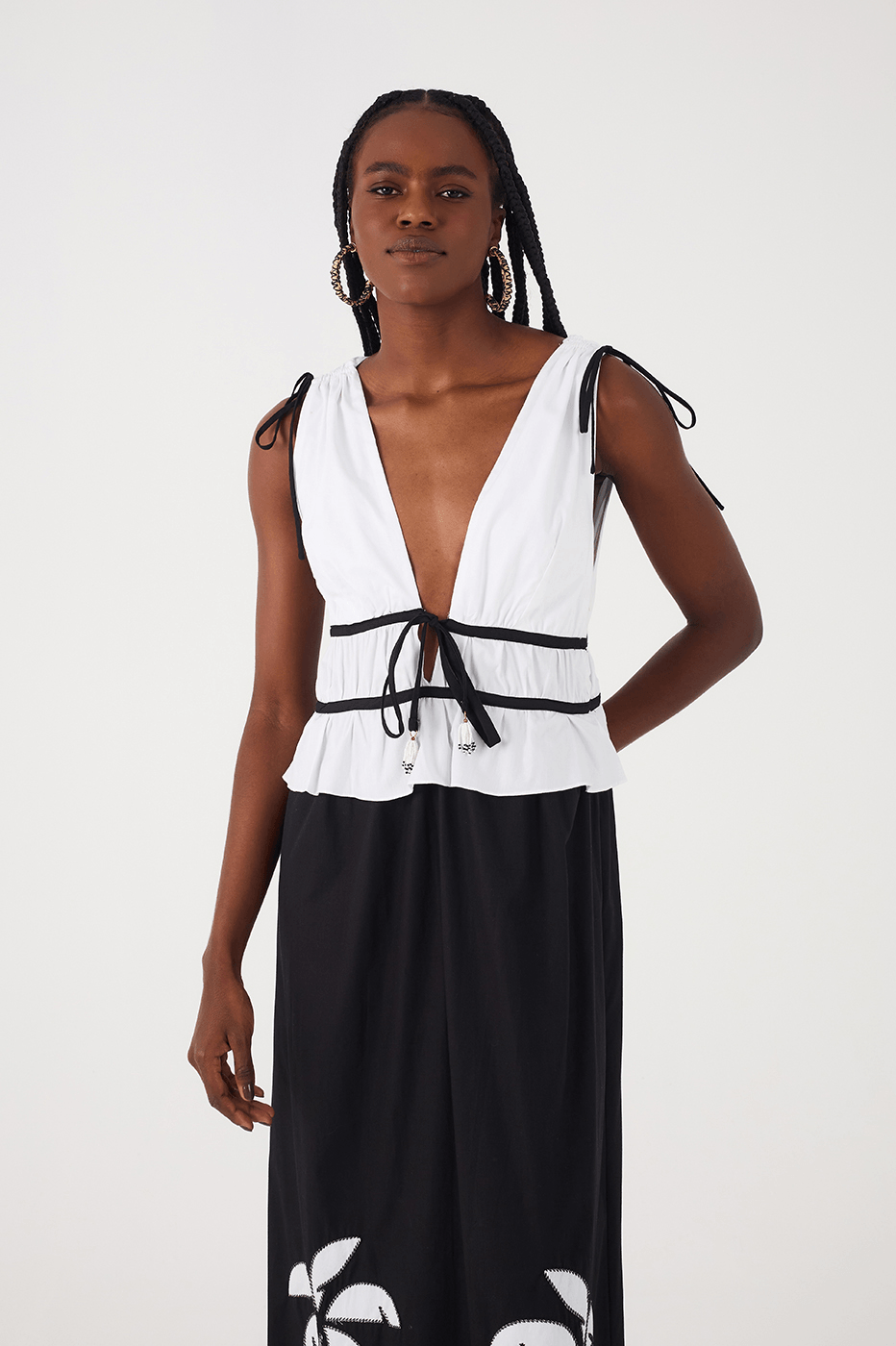 Black And White Embroidered Coqueiros Ties Cotton Maxi Dress