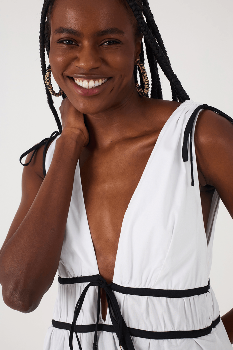 Black And White Embroidered Coqueiros Ties Cotton Maxi Dress
