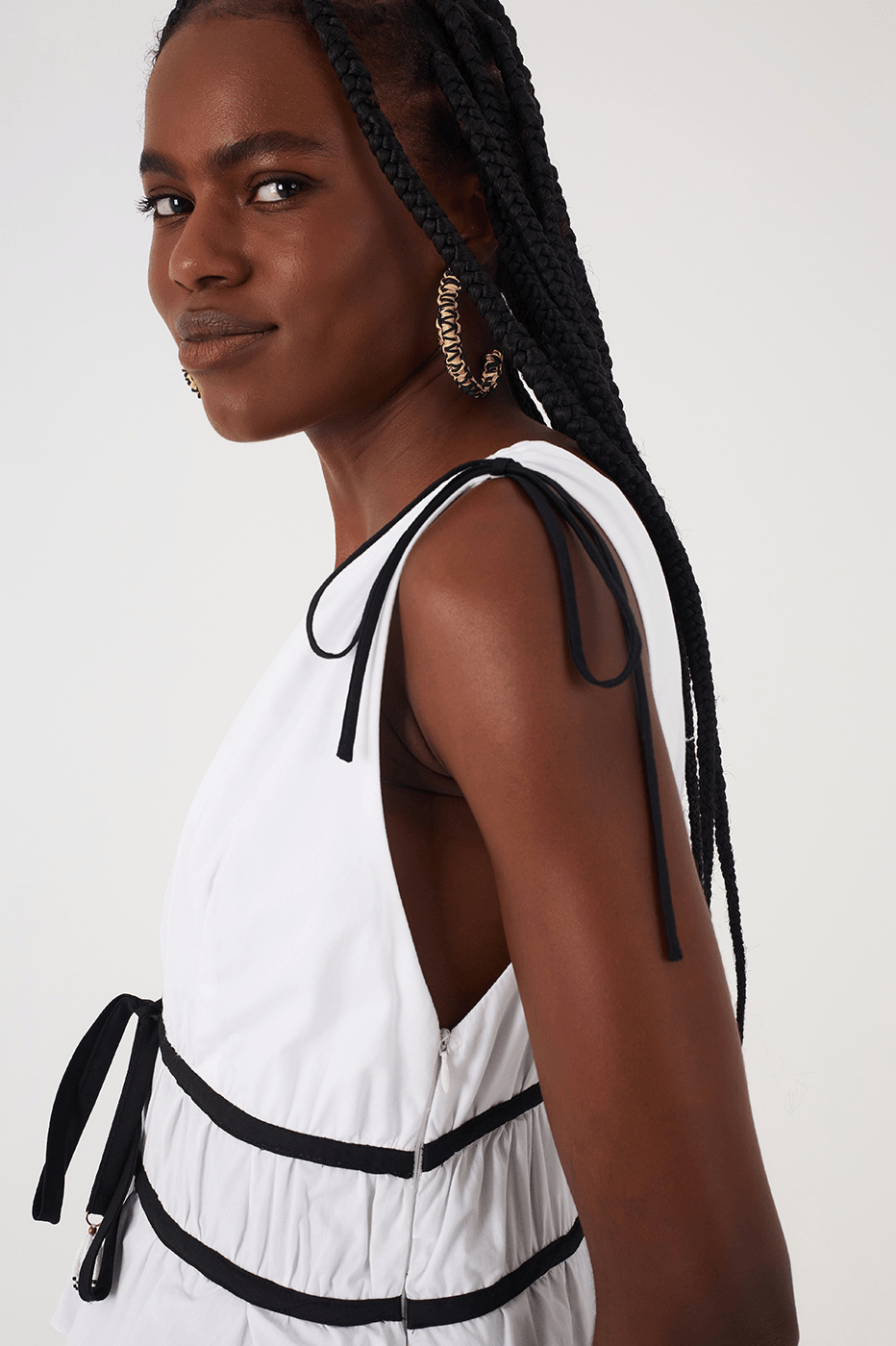 Black And White Embroidered Coqueiros Ties Cotton Maxi Dress