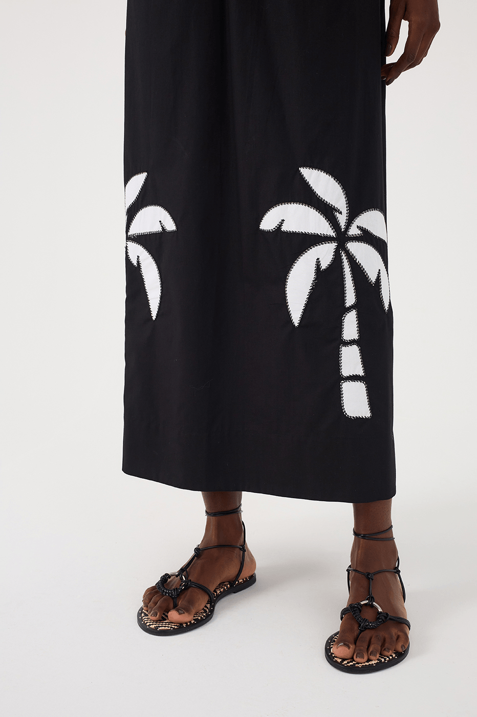 Black And White Embroidered Coqueiros Ties Cotton Maxi Dress