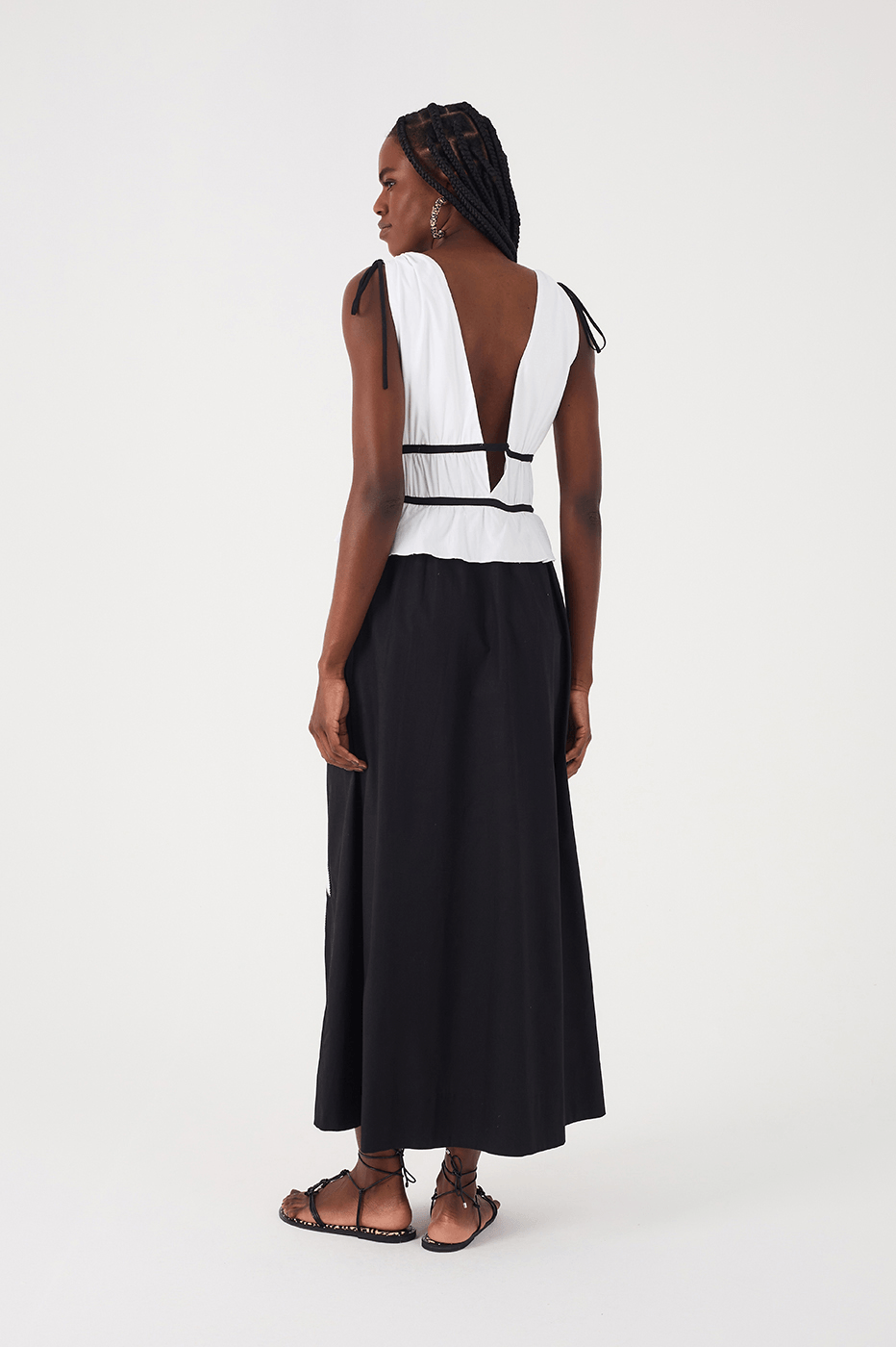 Black And White Embroidered Coqueiros Ties Cotton Maxi Dress