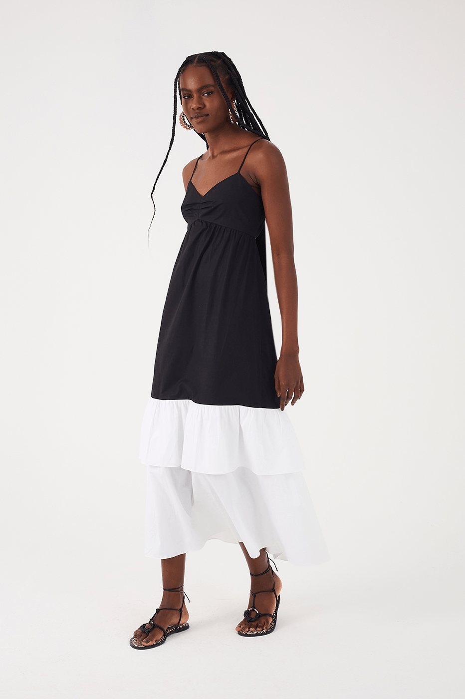 Black And White Layered Sleeveless Cotton Maxi Dress