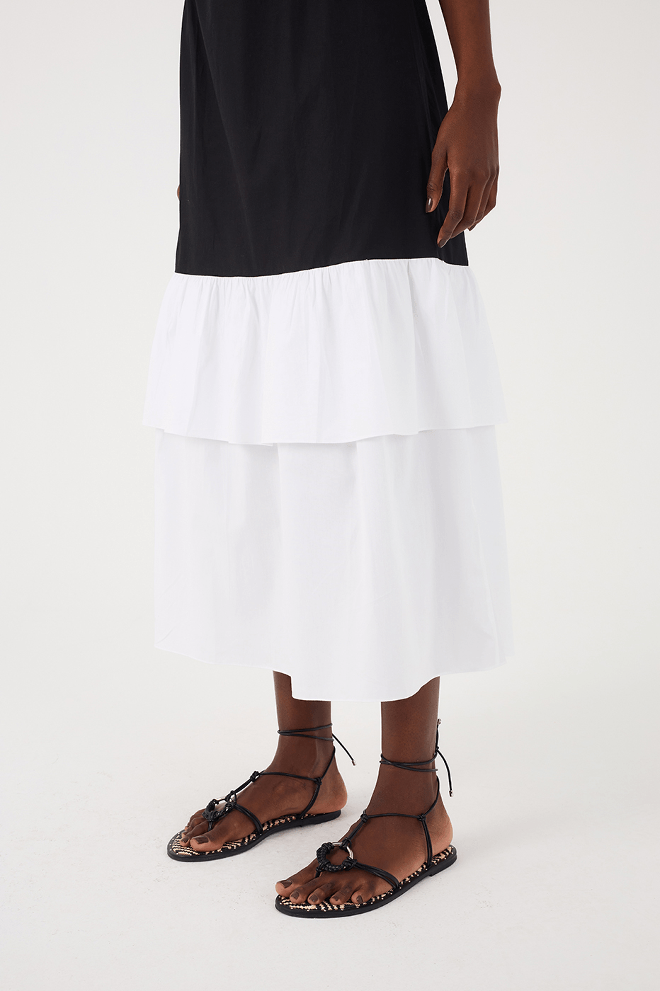 Black And White Layered Sleeveless Cotton Maxi Dress