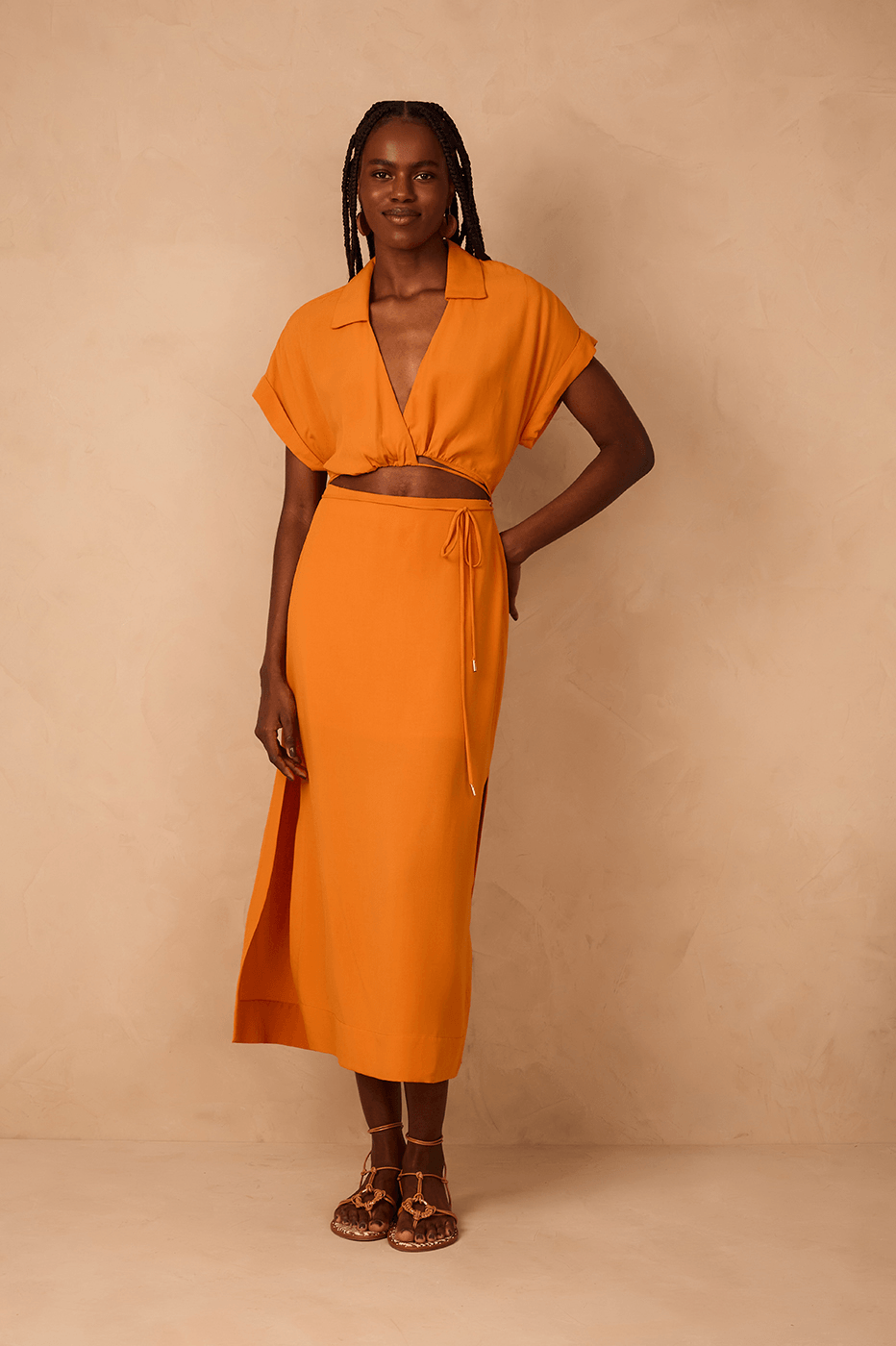 Orange Samba Cut-Out Wrap Bodice Midi Dress