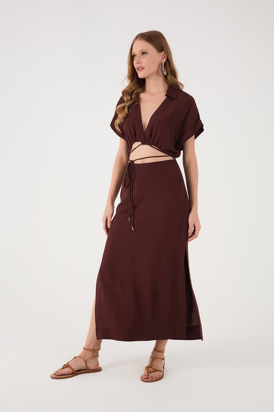 Our Brown Caffeine Cut-Out Wrap Bodice Midi Dress