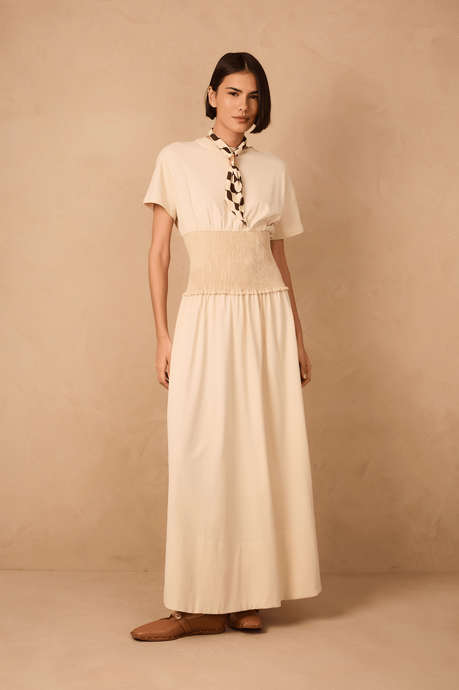 Off-White Smocked Waist Short Sleeve Maxi Dress