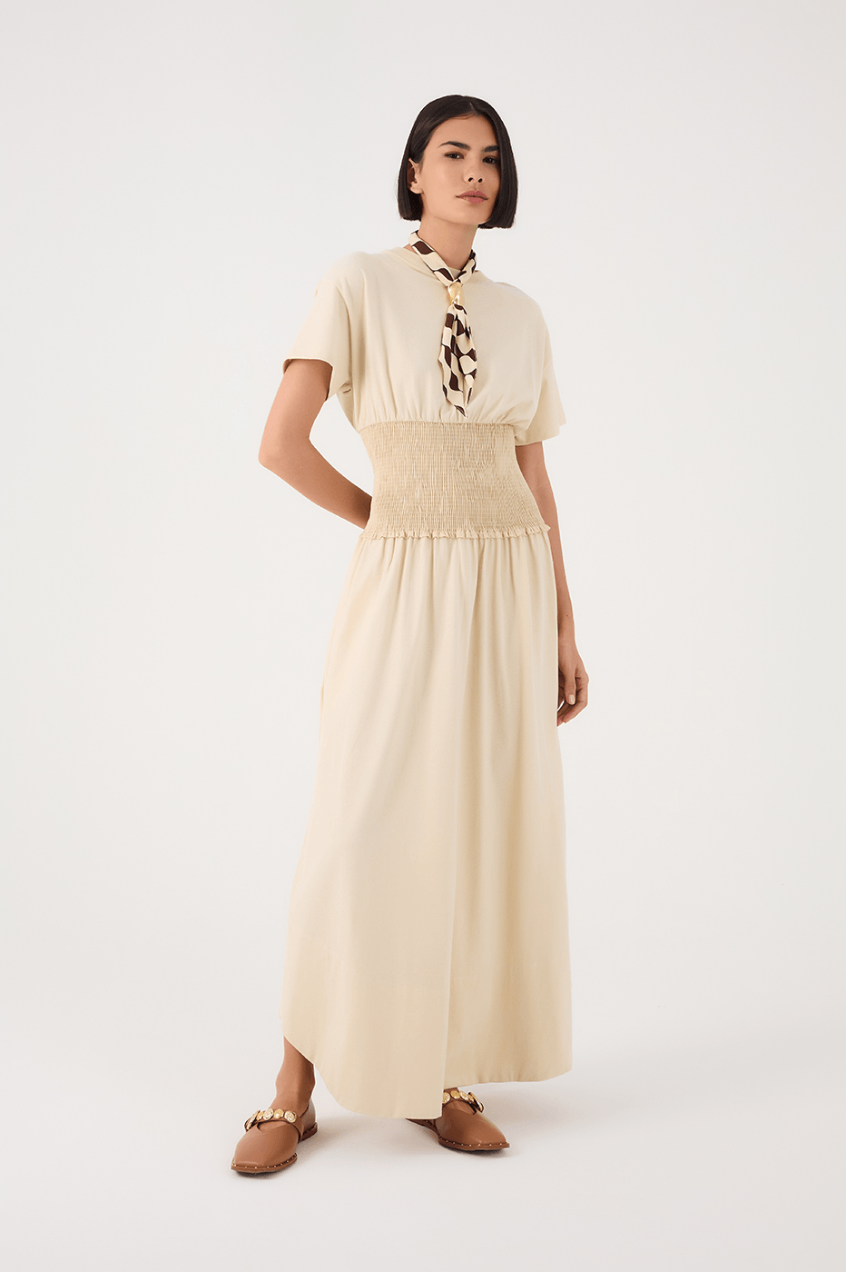 Off-White Smocked Waist Short Sleeve Maxi Dress