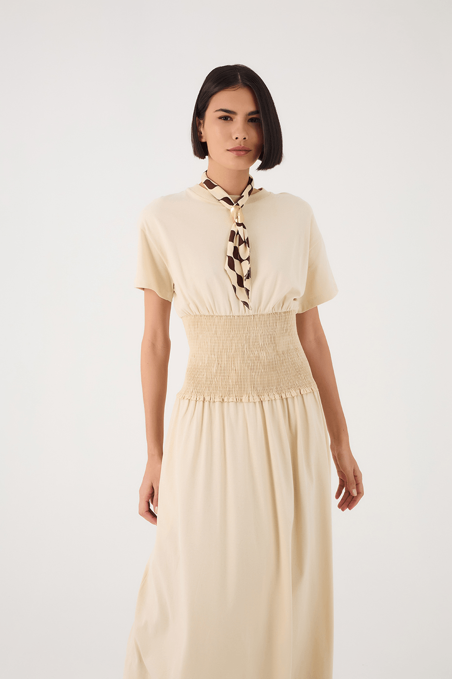 Off-White Smocked Waist Short Sleeve Maxi Dress