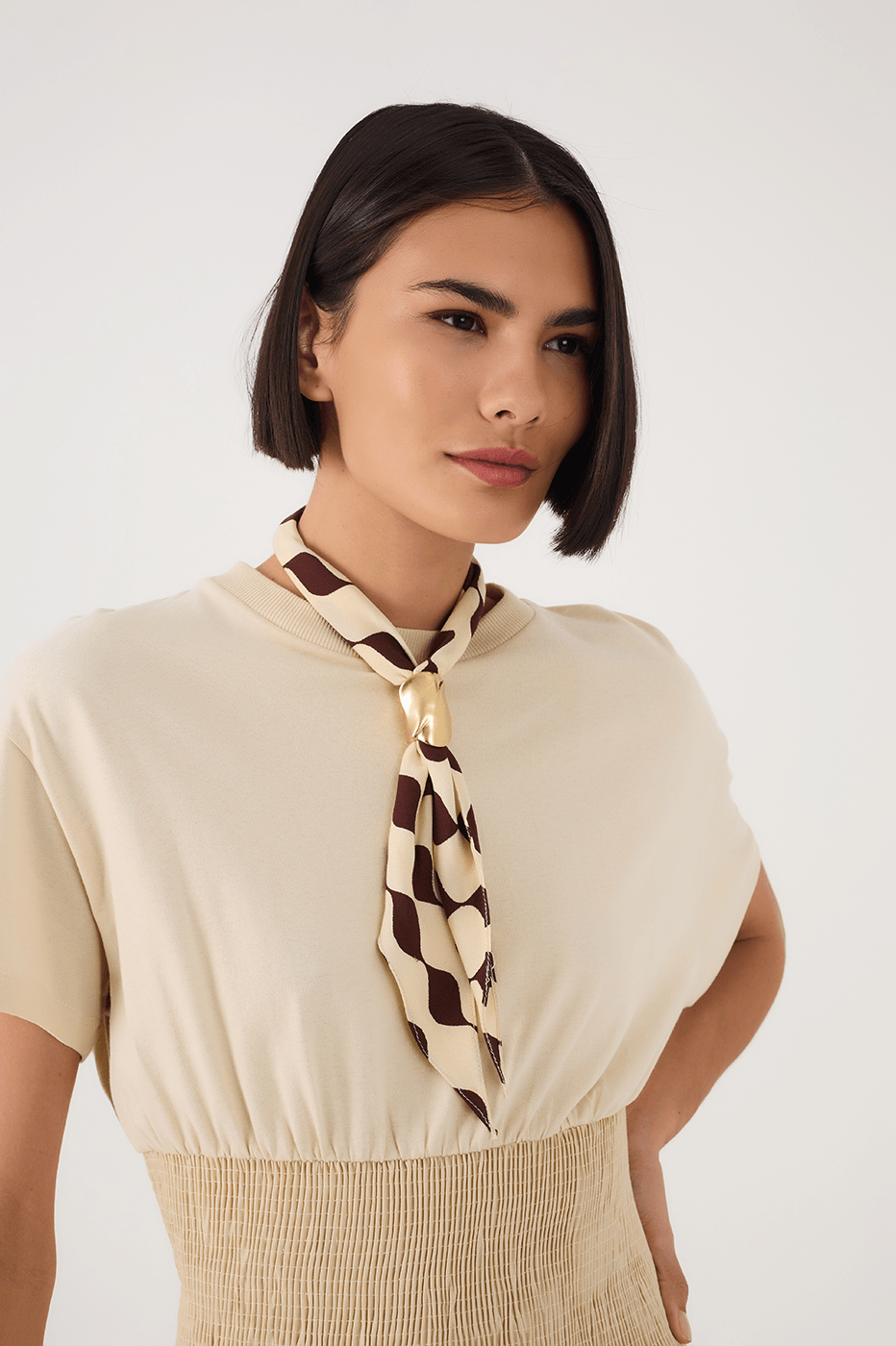 Off-White Smocked Waist Short Sleeve Maxi Dress
