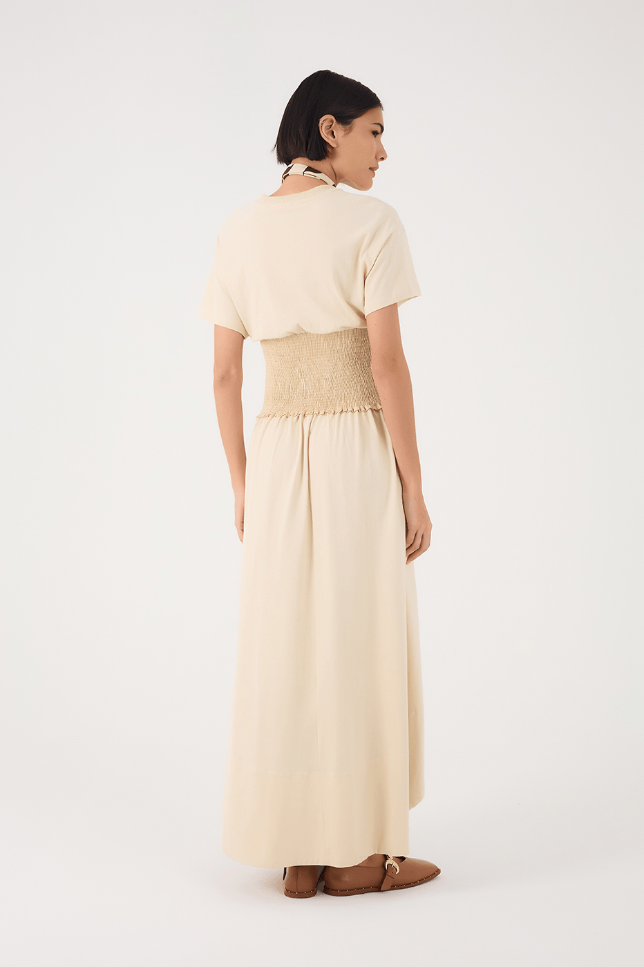 Off-White Smocked Waist Short Sleeve Maxi Dress