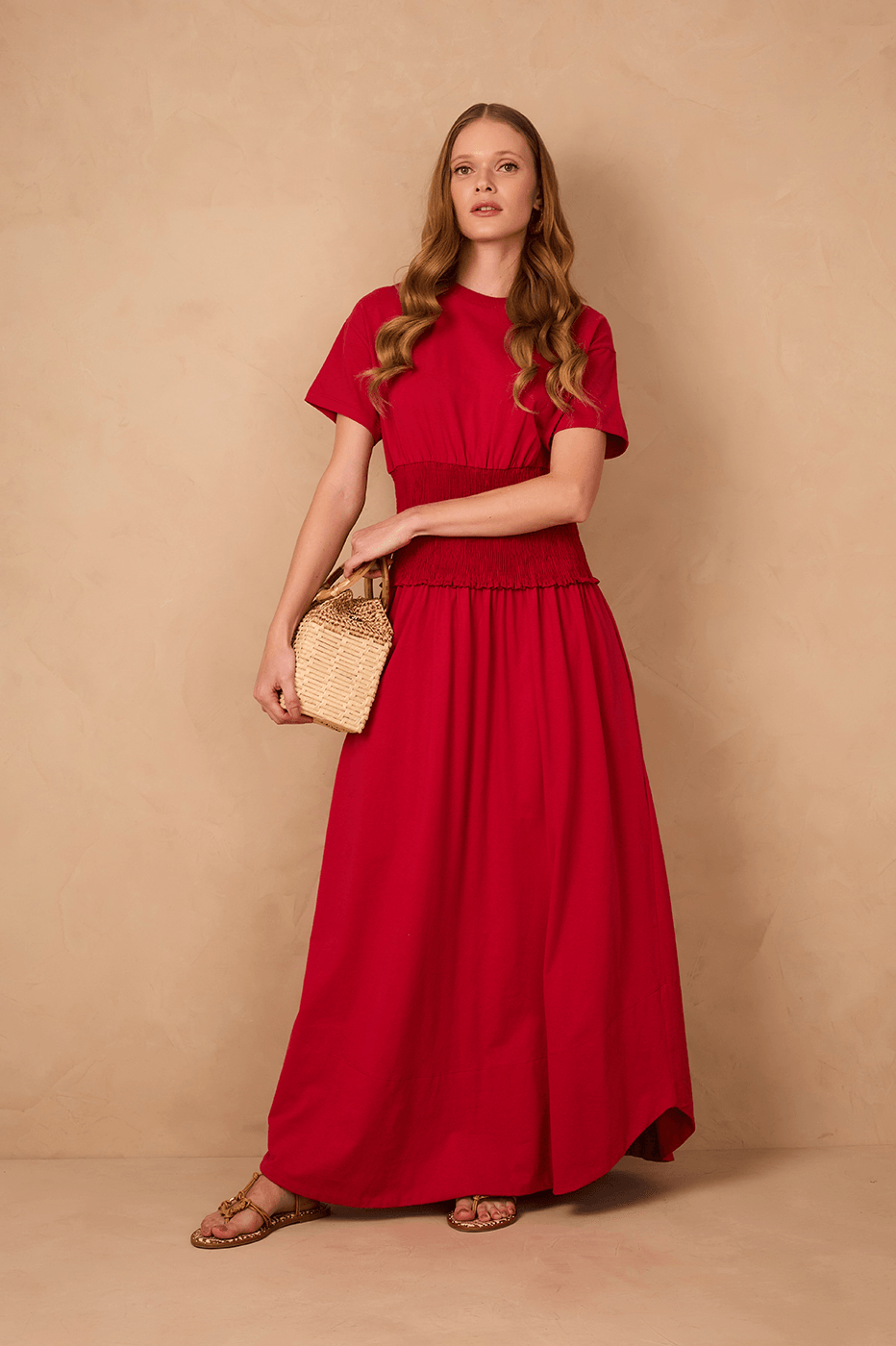 Red Encanto Smocked Waist Short Sleeve Maxi Dress