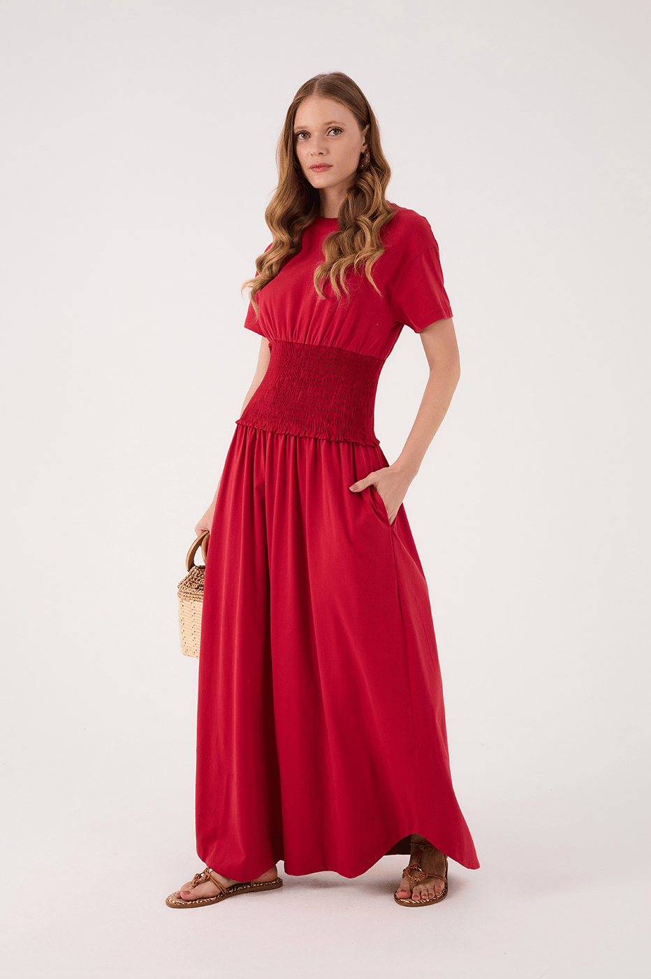 Red Encanto Smocked Waist Short Sleeve Maxi Dress