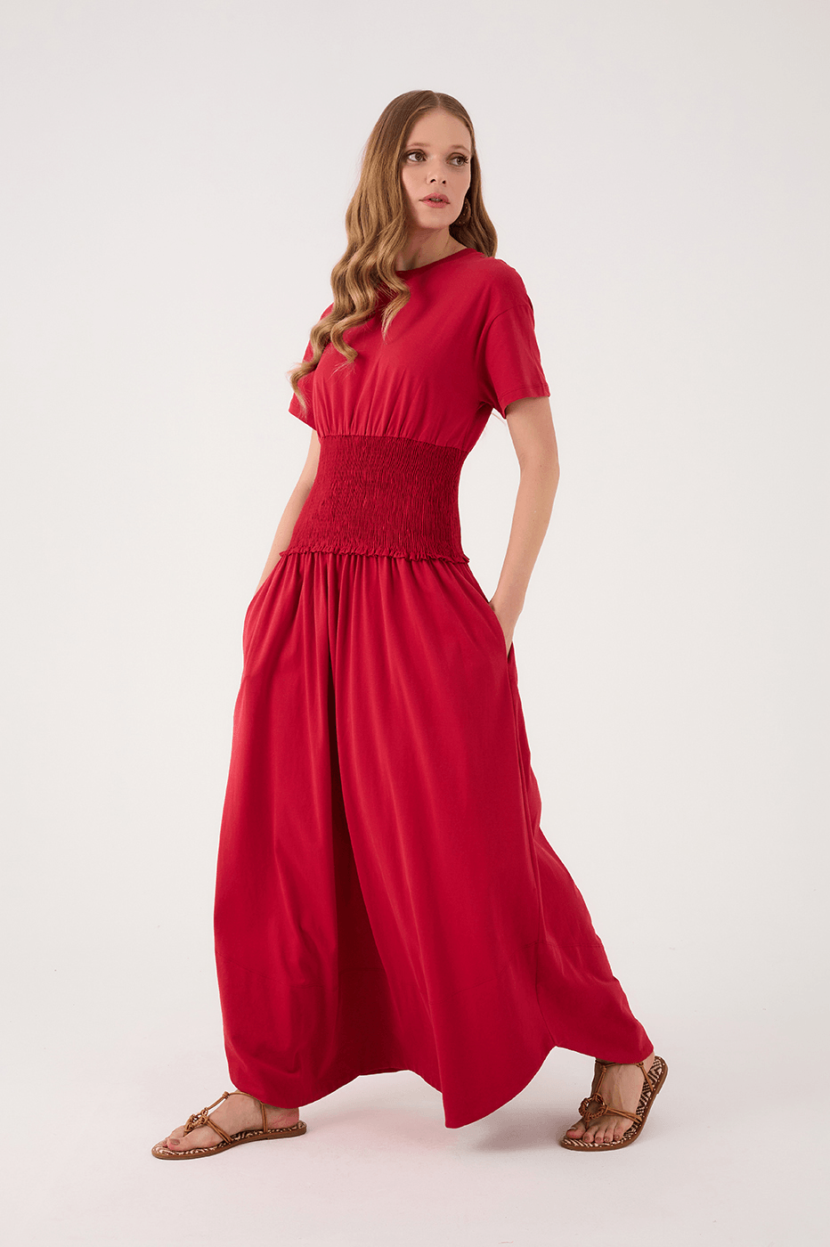 Red Encanto Smocked Waist Short Sleeve Maxi Dress