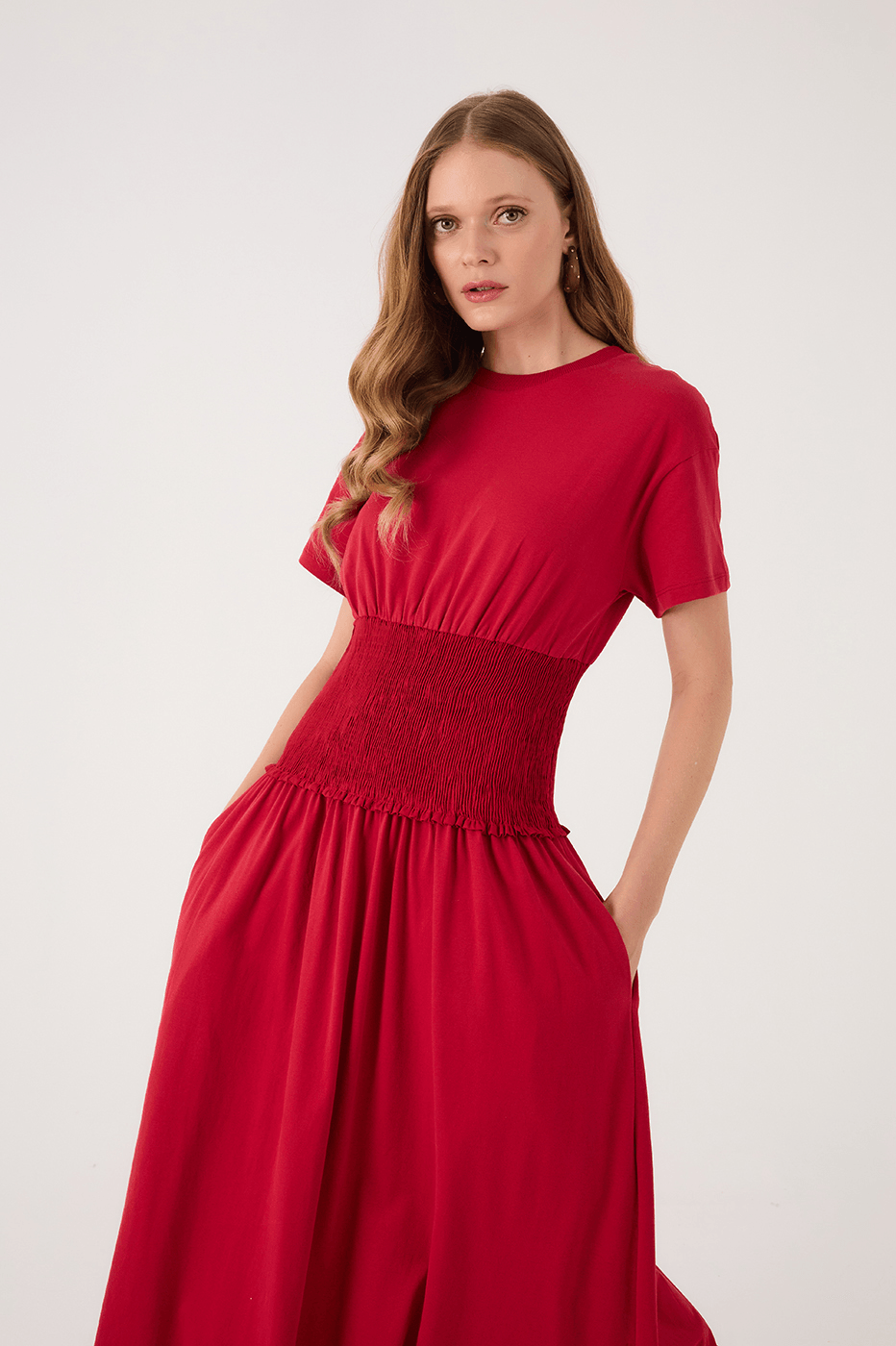 Red Encanto Smocked Waist Short Sleeve Maxi Dress