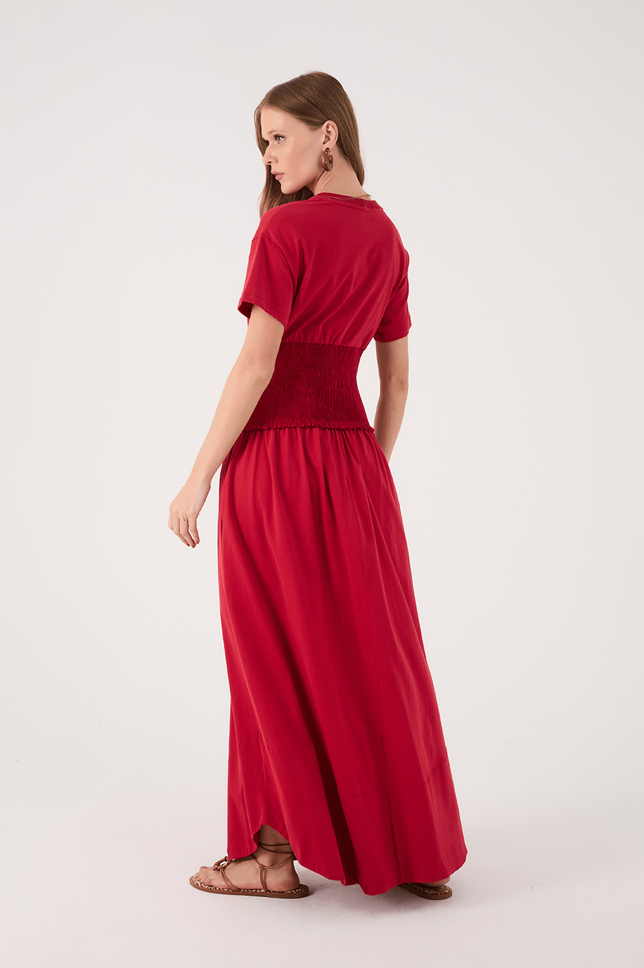 Red Encanto Smocked Waist Short Sleeve Maxi Dress