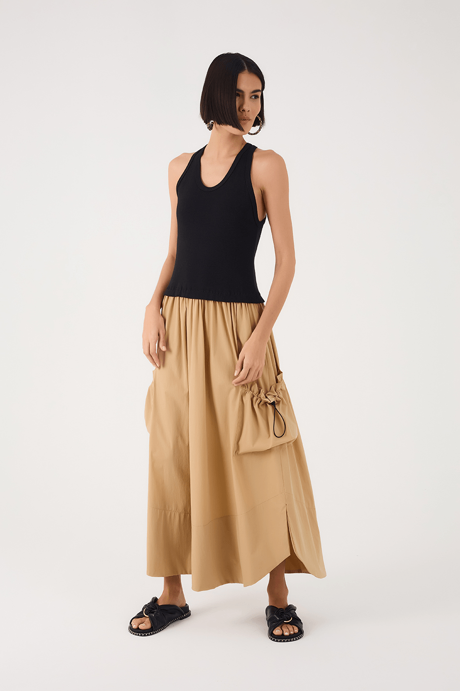 Black & Beige Tank Top Side Pockets Maxi Dress