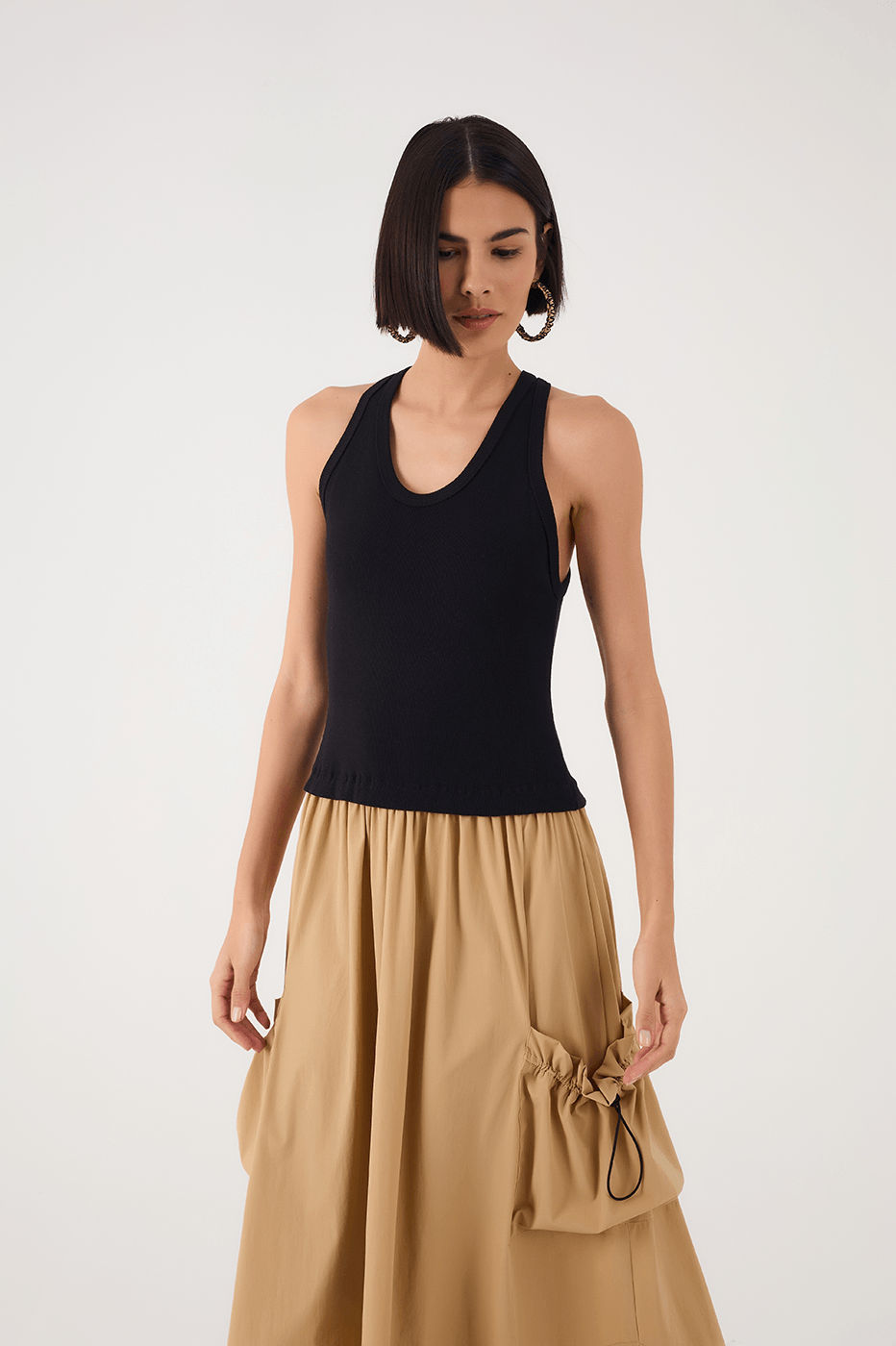 Black & Beige Tank Top Side Pockets Maxi Dress