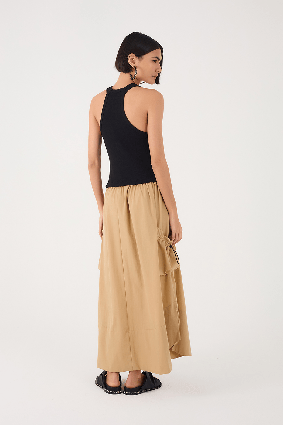 Black & Beige Tank Top Side Pockets Maxi Dress