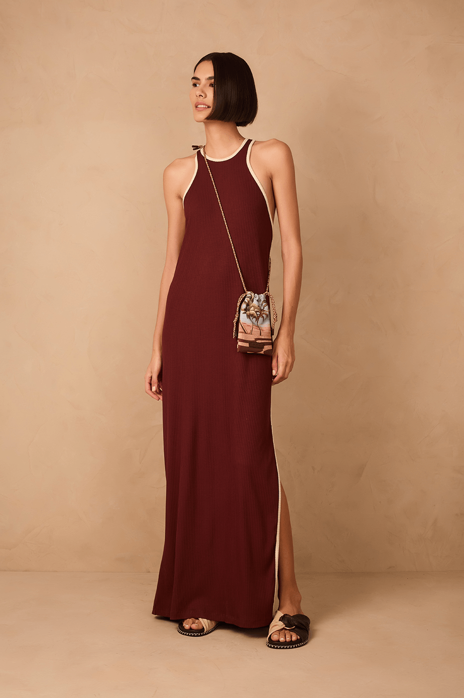 Brown Side Slit Ribbed Maxi Dress