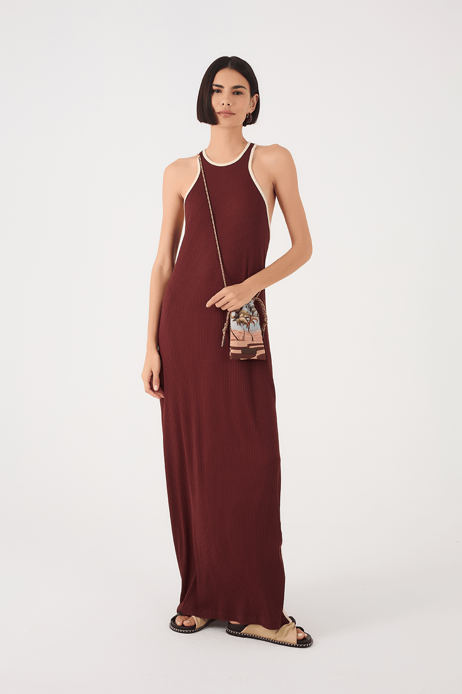 Brown Side Slit Ribbed Maxi Dress
