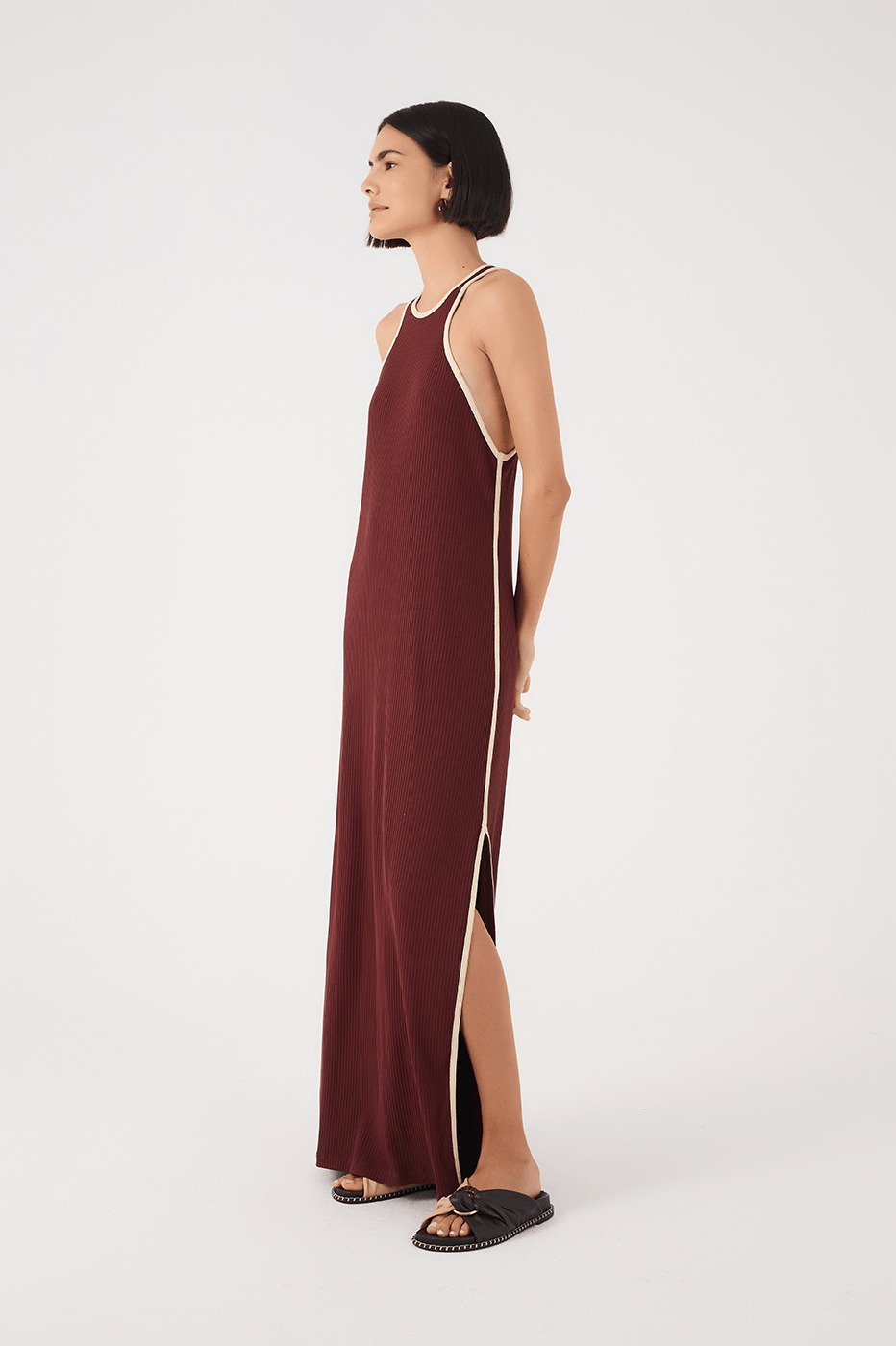 Brown Side Slit Ribbed Maxi Dress
