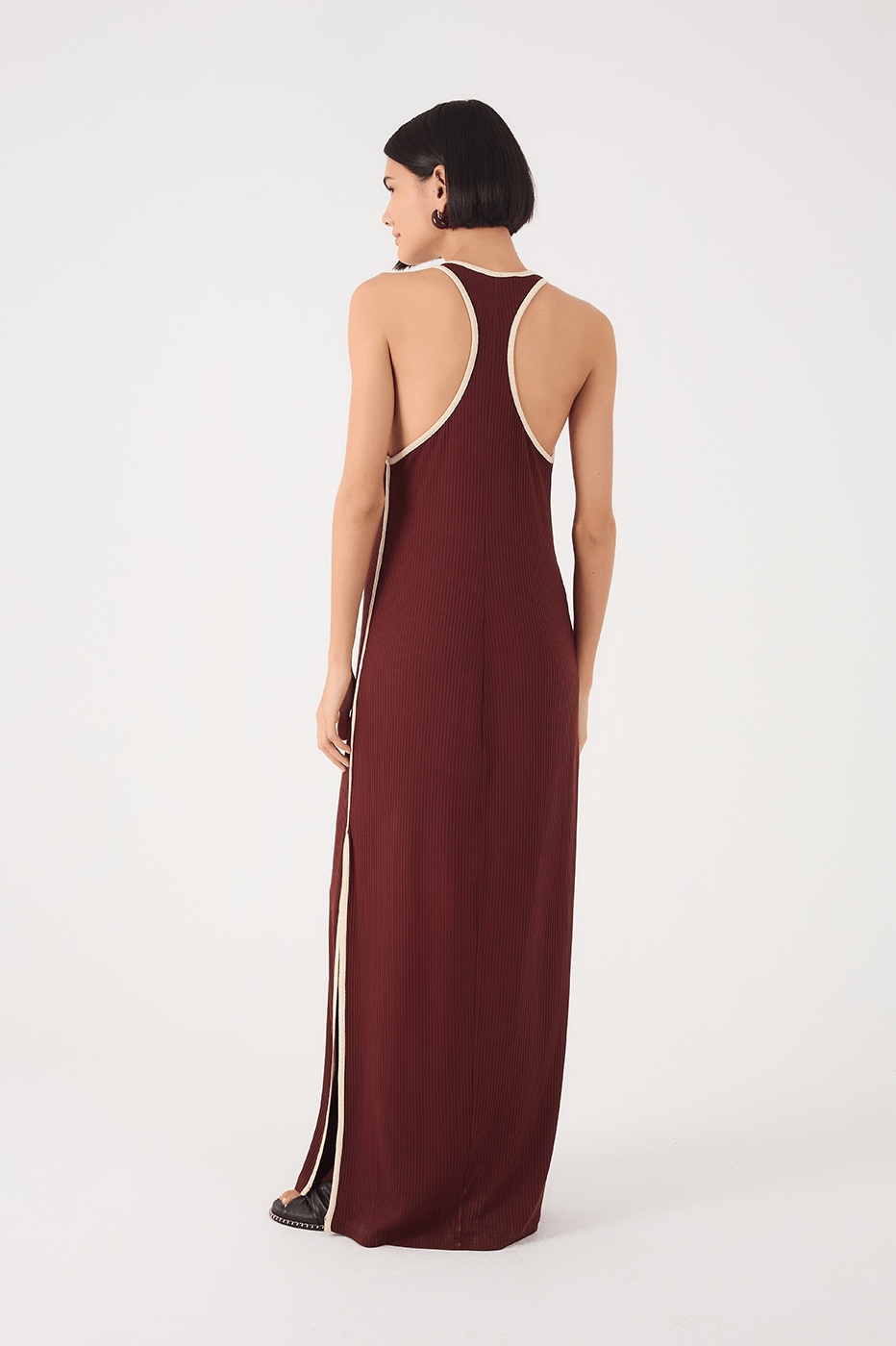 Brown Side Slit Ribbed Maxi Dress