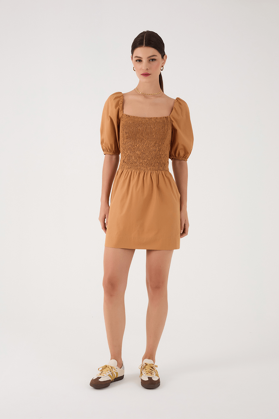 Beige Leme Smocked Bodice Puff Sleeve Mini Dress