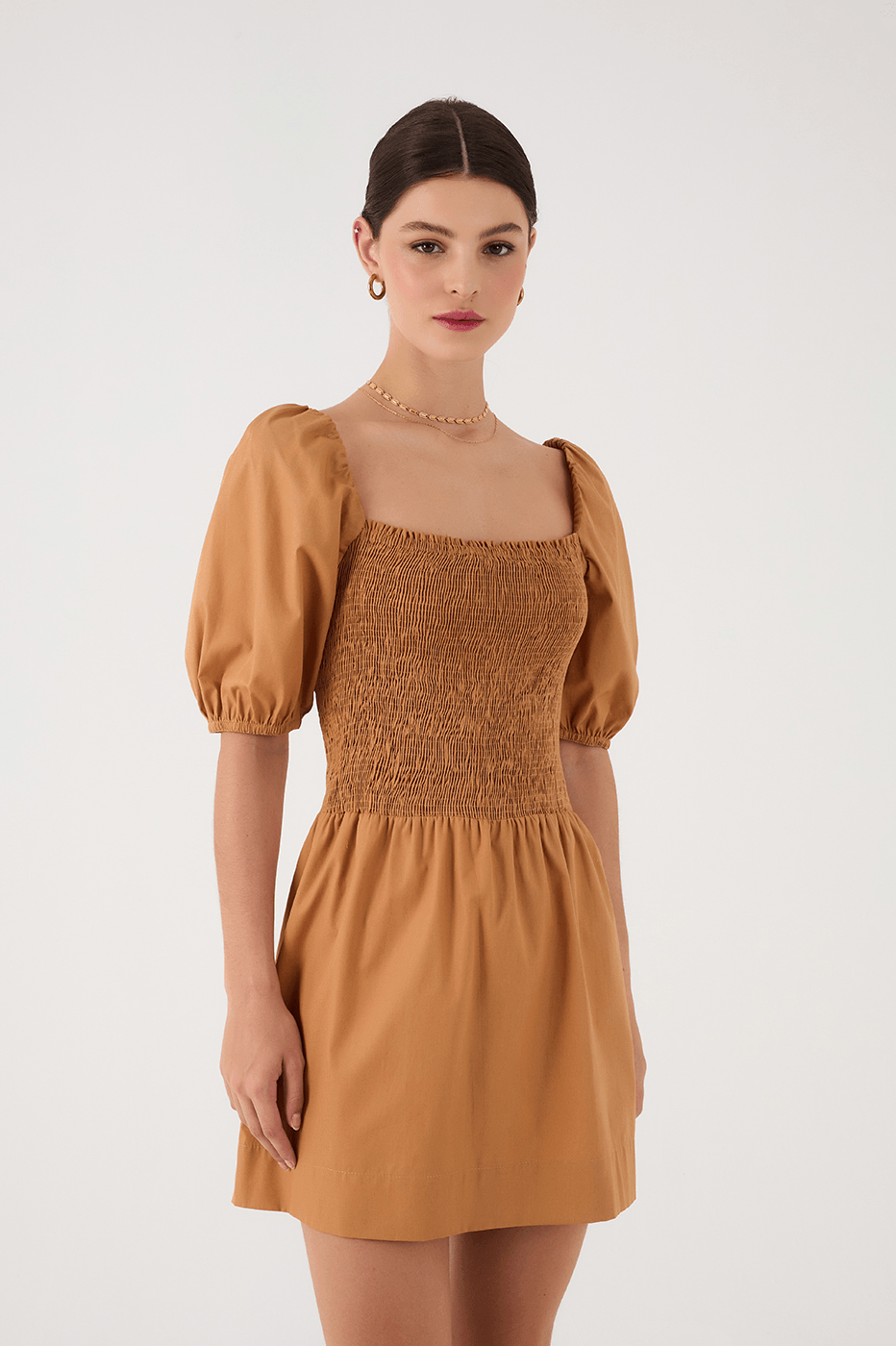 Beige Leme Smocked Bodice Puff Sleeve Mini Dress