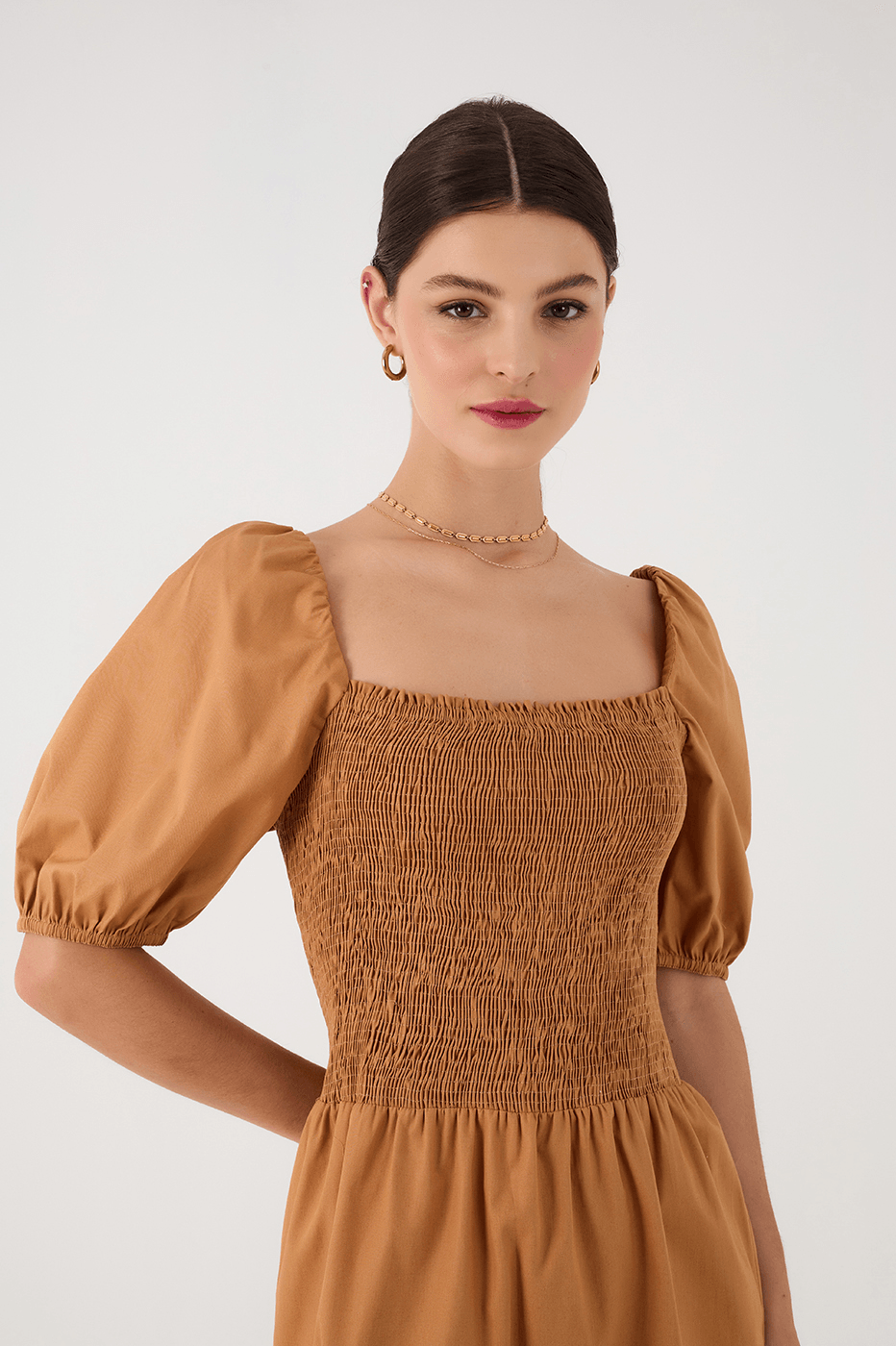 Beige Leme Smocked Bodice Puff Sleeve Mini Dress