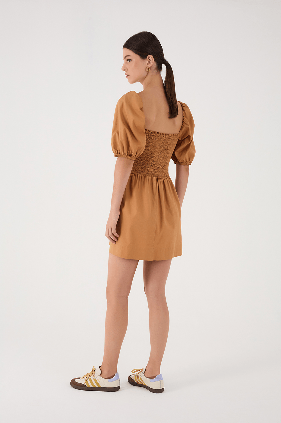 Beige Leme Smocked Bodice Puff Sleeve Mini Dress