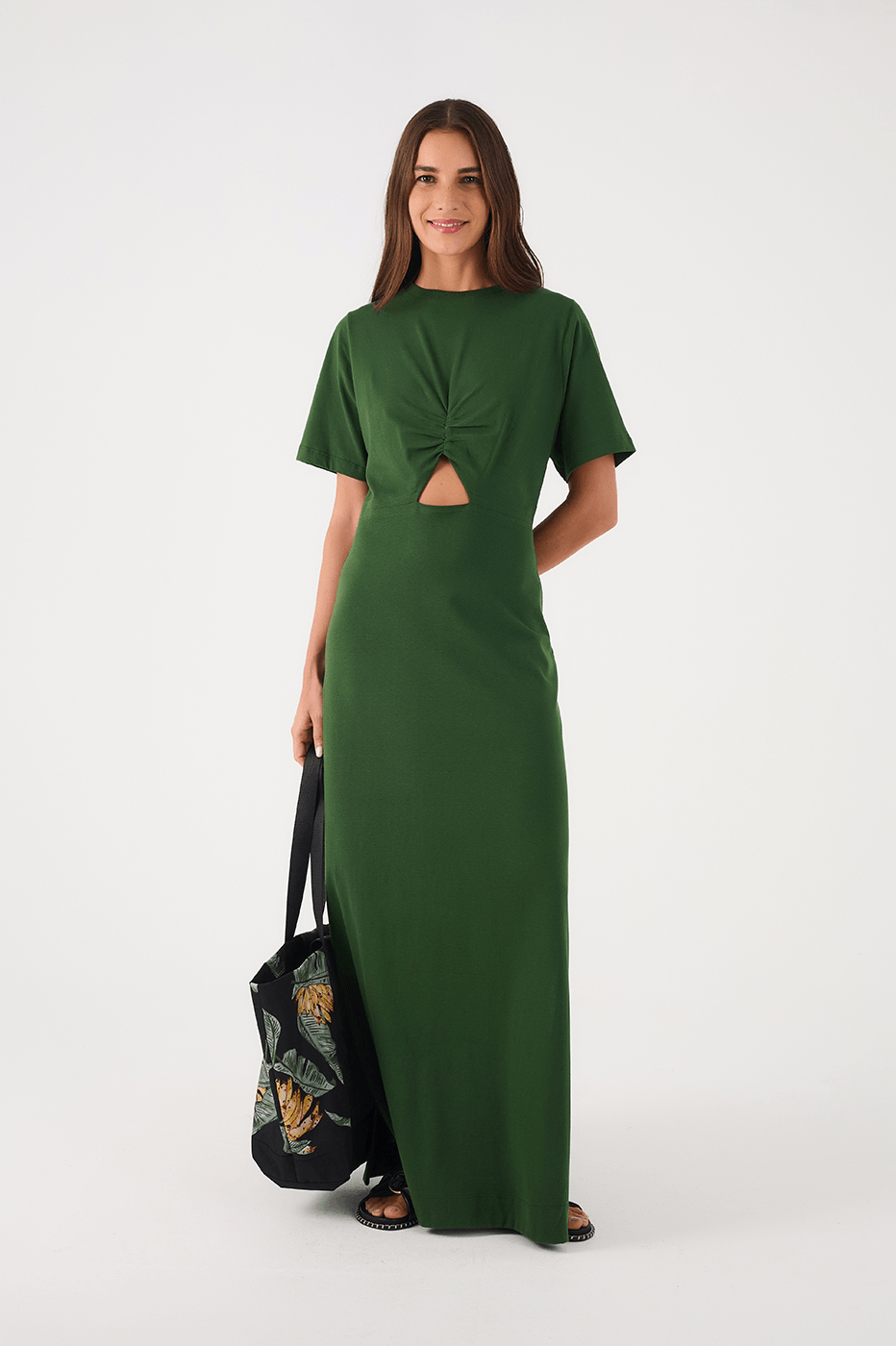 Green Botanical Ruched Bodice Short Sleeve Maxi Dress