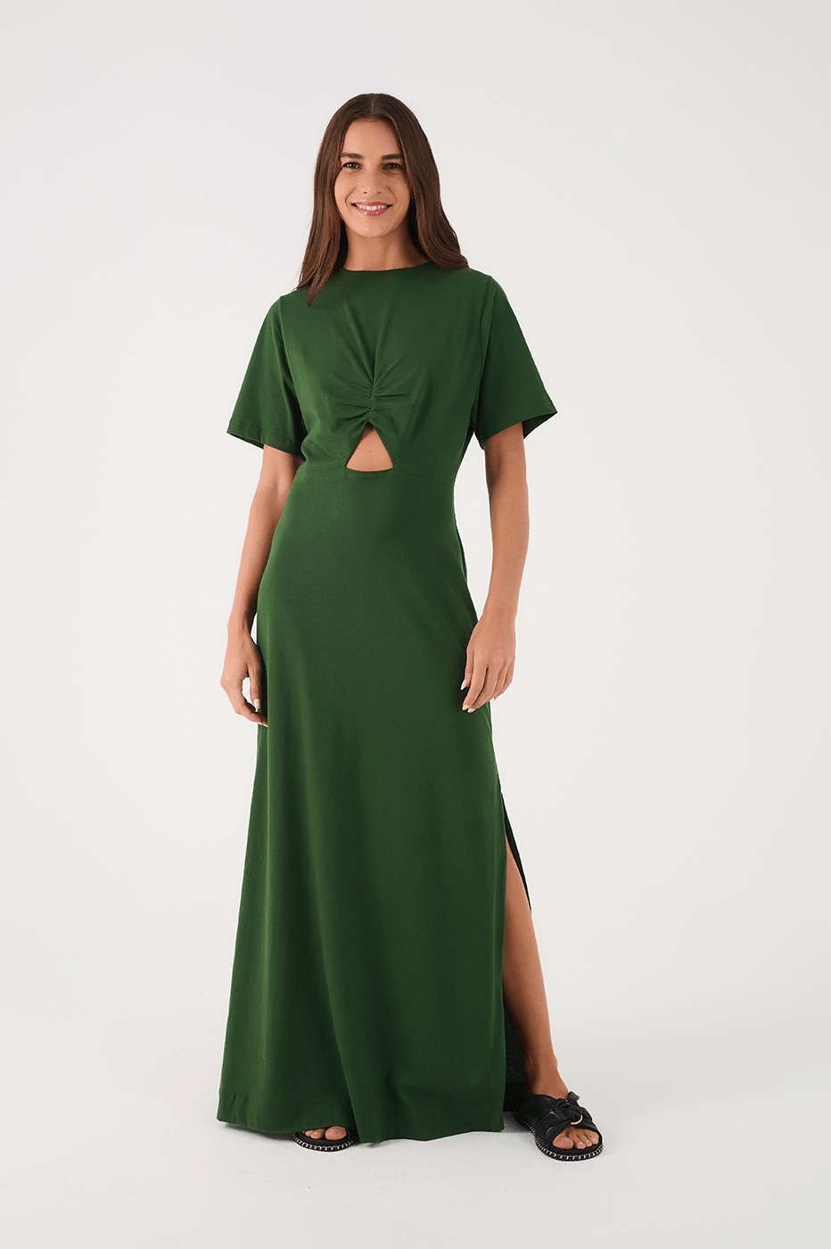 Green Botanical Ruched Bodice Short Sleeve Maxi Dress