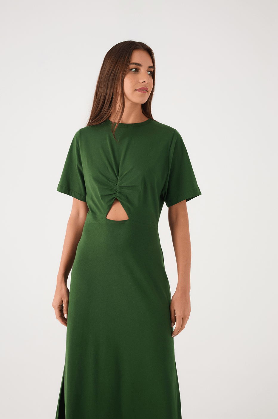 Green Botanical Ruched Bodice Short Sleeve Maxi Dress