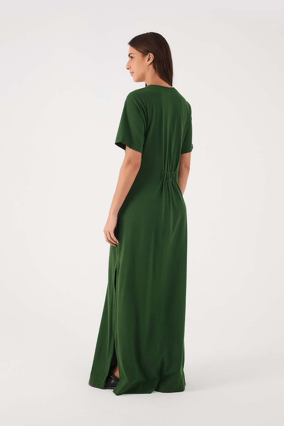 Green Botanical Ruched Bodice Short Sleeve Maxi Dress