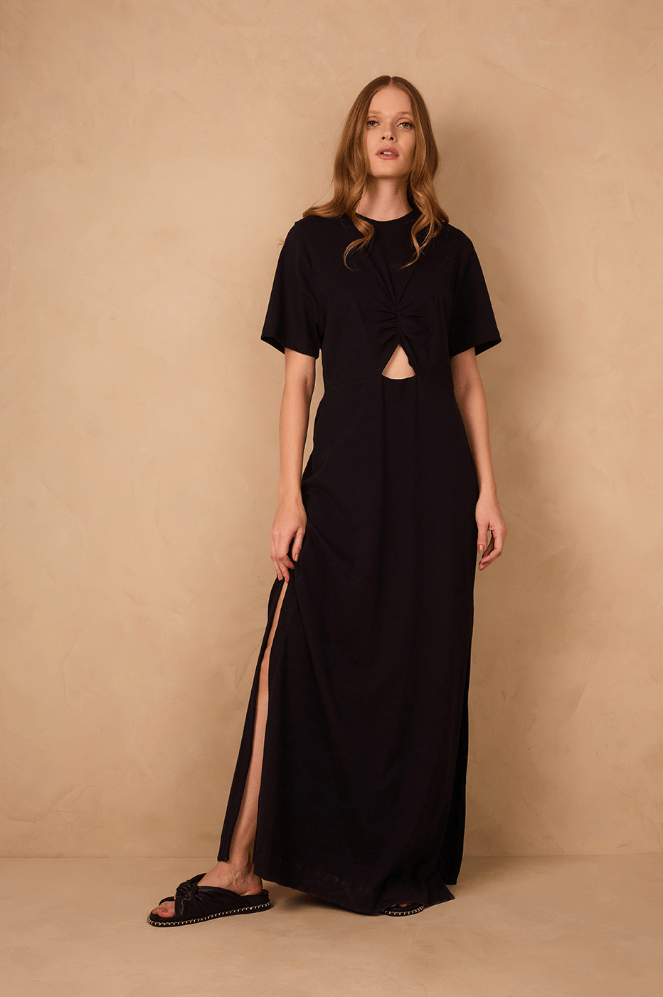 Black Ruched Bodice Short Sleeve Maxi Dress