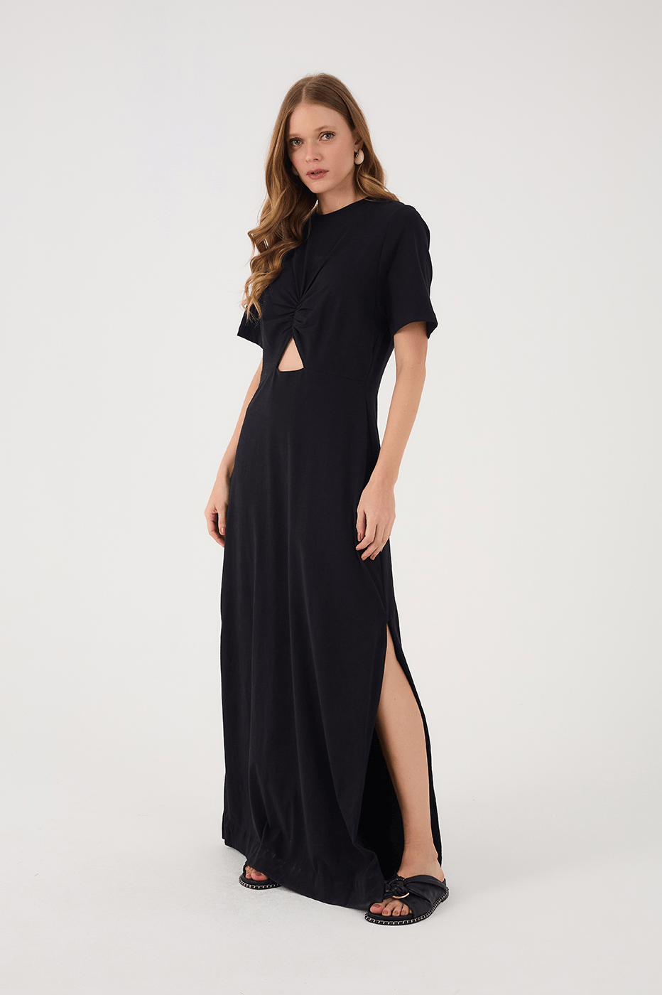 Black Ruched Bodice Short Sleeve Maxi Dress