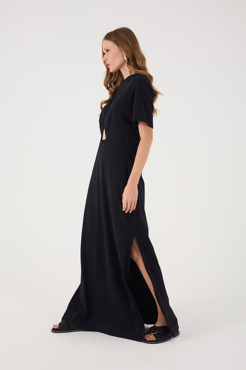 Black Ruched Bodice Short Sleeve Maxi Dress