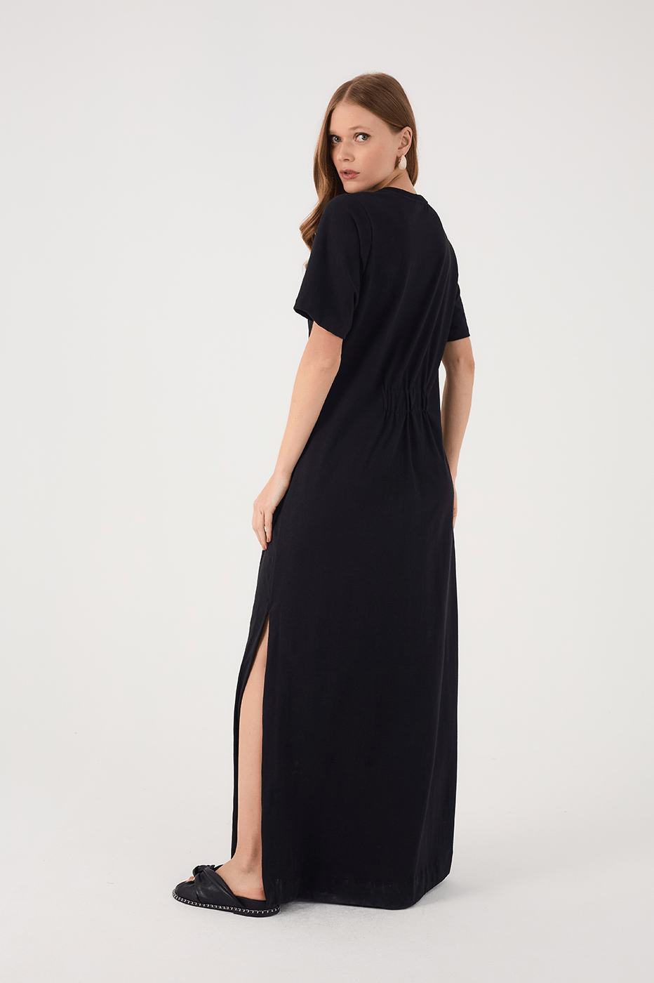 Black Ruched Bodice Short Sleeve Maxi Dress
