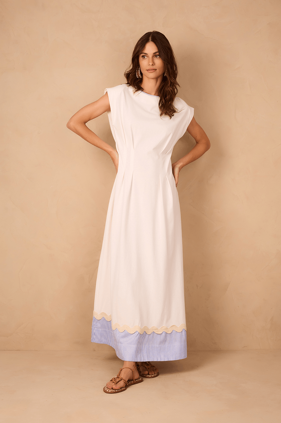 Off-White Padded Shoulders Striped Hem Maxi Dress