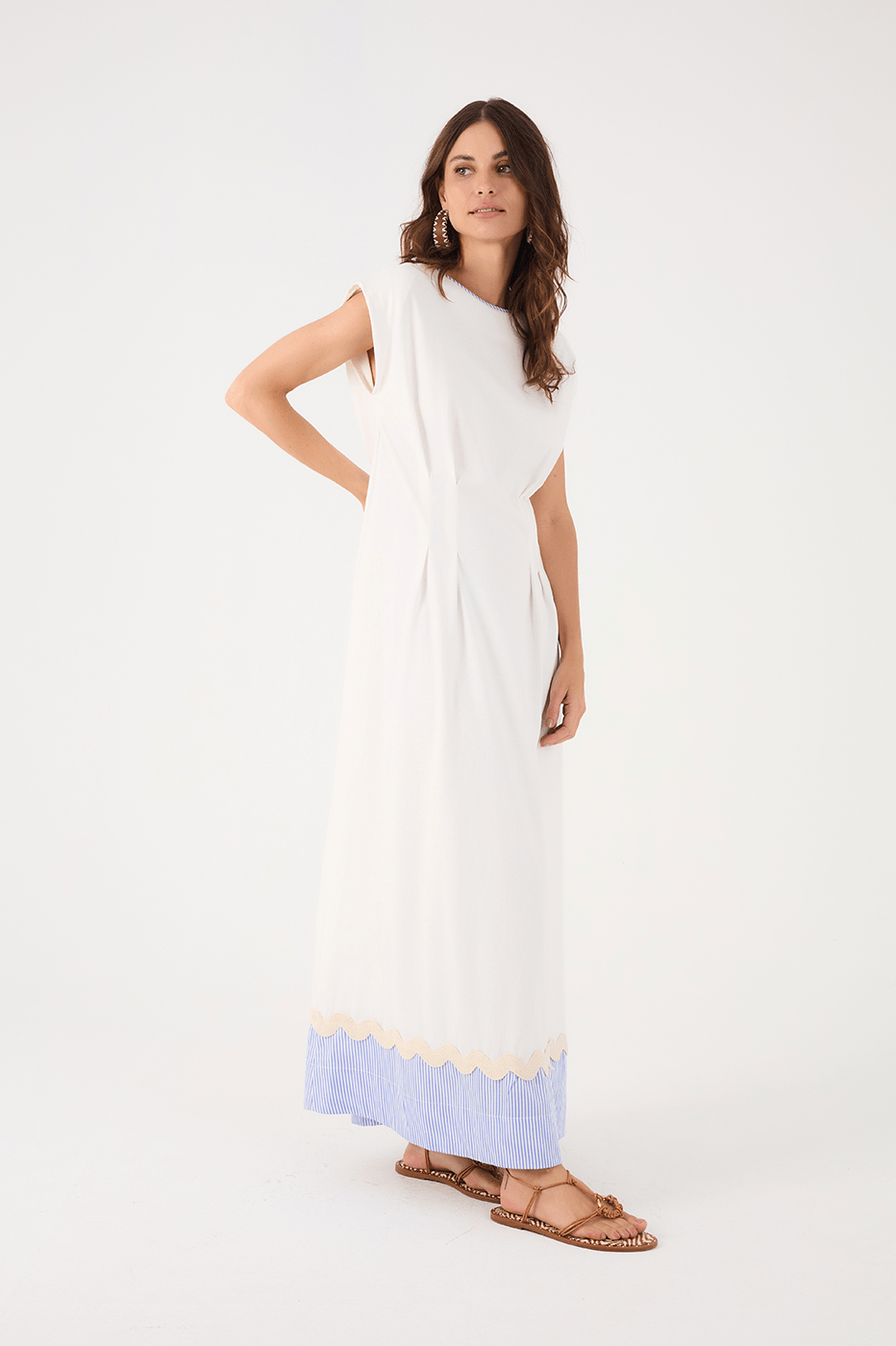 Off-White Padded Shoulders Striped Hem Maxi Dress
