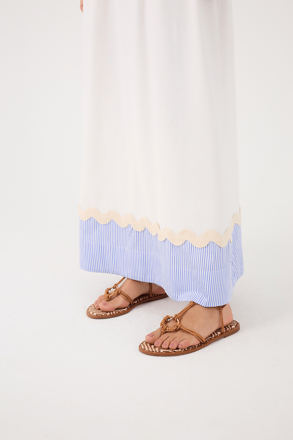 Off-White Padded Shoulders Striped Hem Maxi Dress