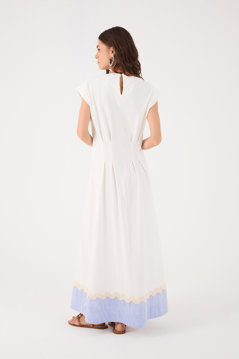 Off-White Padded Shoulders Striped Hem Maxi Dress