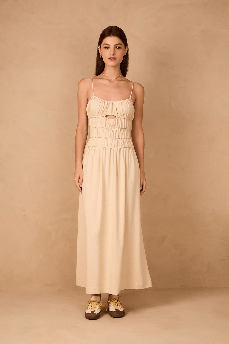 linen ruched dress Amara Ruched Midi Linen Dress in Pristine