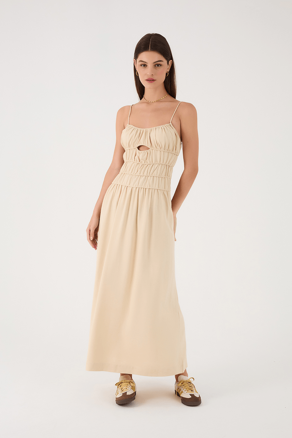 Off White Ruched Bodice Sleeveless Linen Maxi Dress