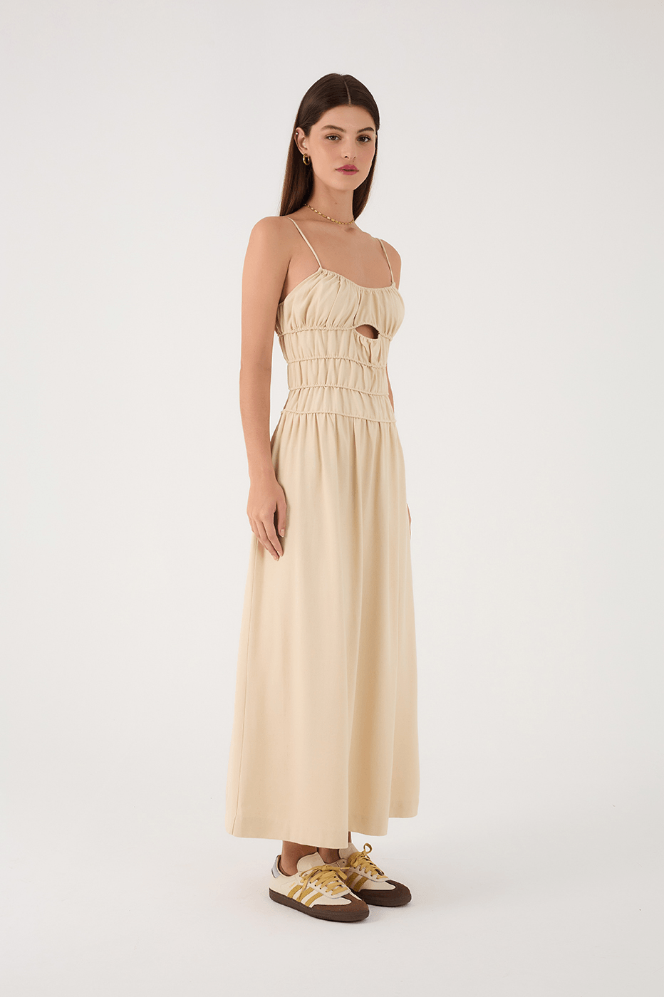 Off White Ruched Bodice Sleeveless Linen Maxi Dress