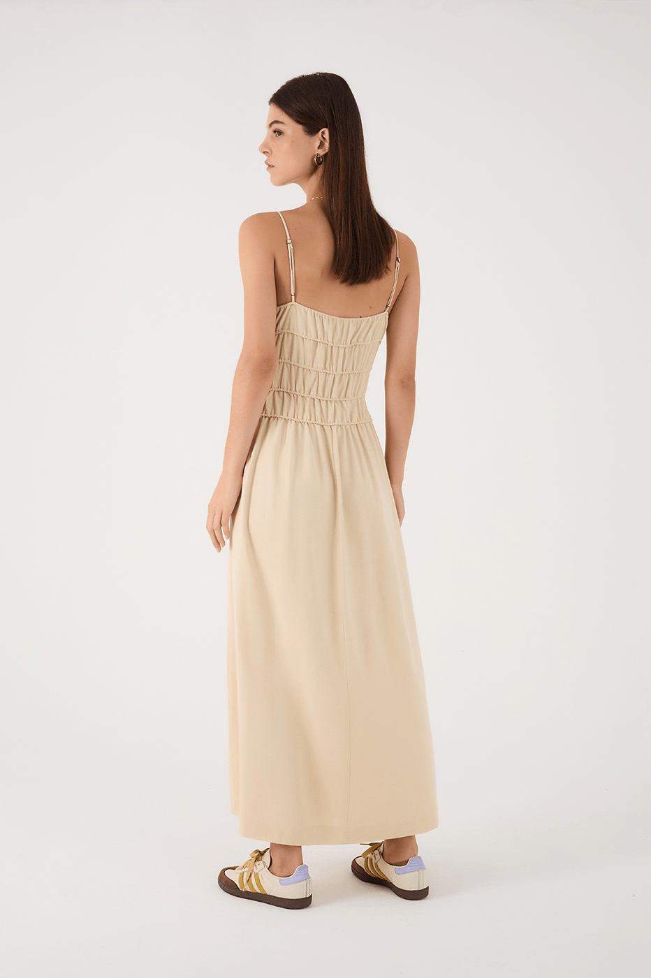 Off White Ruched Bodice Sleeveless Linen Maxi Dress