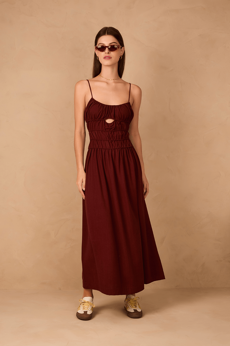 Brown Caffeine Ruched Bodice Sleeveless Linen Maxi Dress