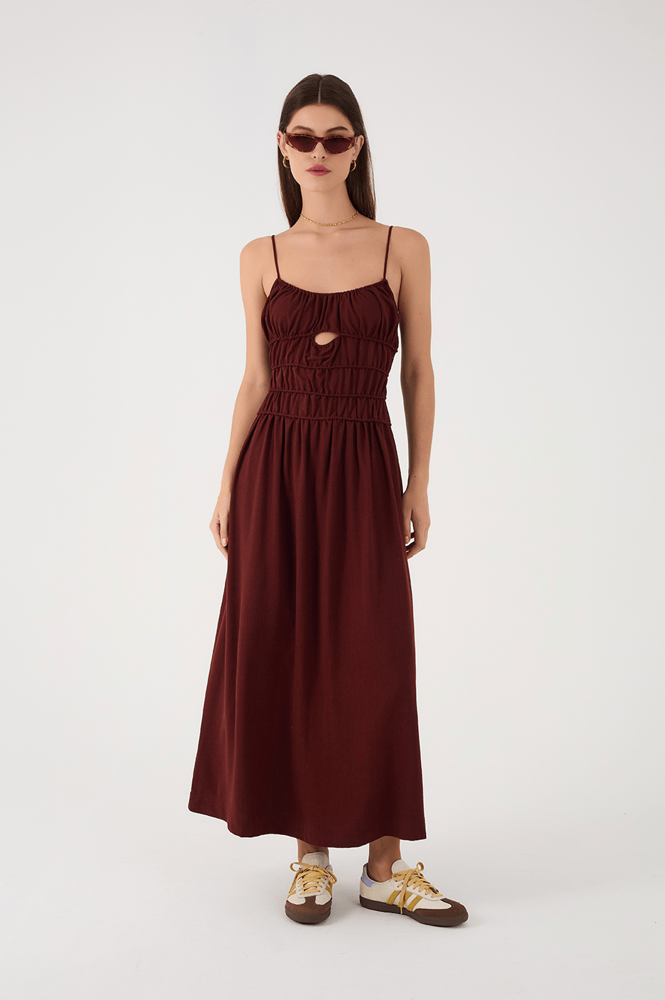 Brown Caffeine Ruched Bodice Sleeveless Linen Maxi Dress - Caffeine Brown / L Brown Caffeine Ruched Bodice Sleeveless Linen Maxi Dress - Caffeine Brown / L